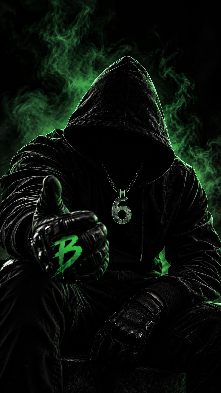 Faceless figure in a black hoodie surrounded by green smoke, wearing a 6 pendant and a glove marked with a green B